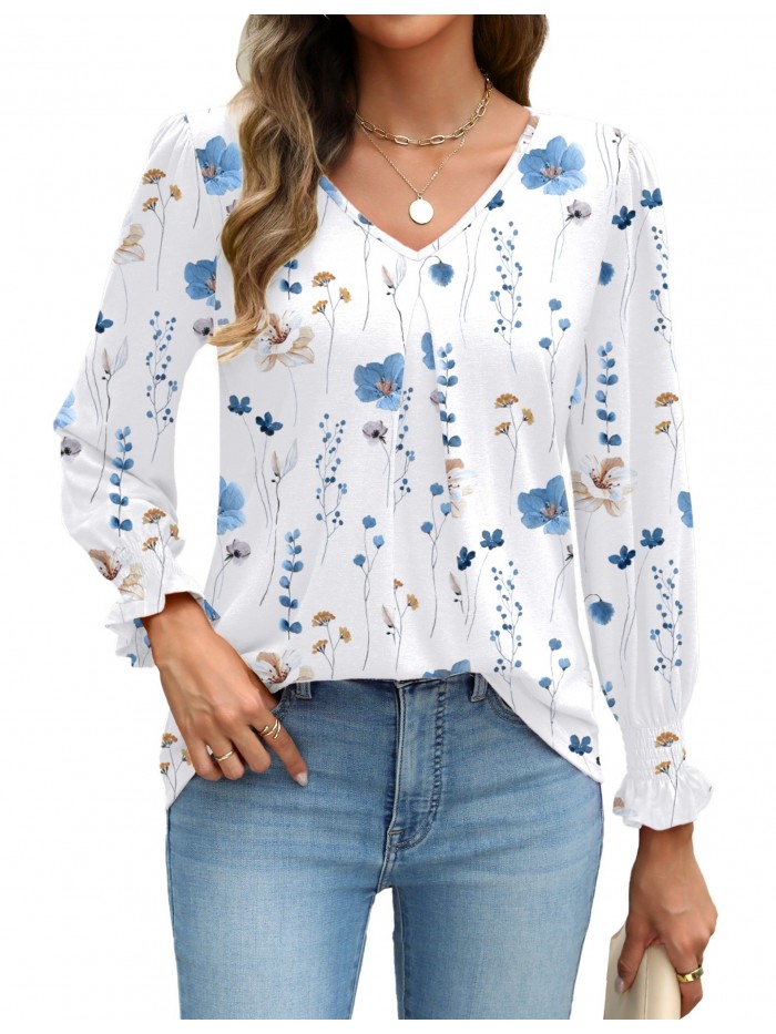 Weardear Long Sleeve Tops for Women Casual V Neck Loose Chiffon Work Blouse Smocked Tunic Shirts