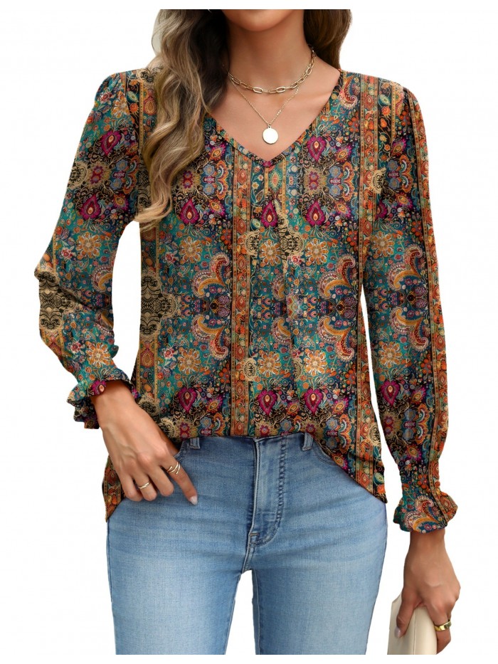 Weardear Long Sleeve Tops for Women Casual V Neck Loose Chiffon Work Blouse Smocked Tunic Shirts