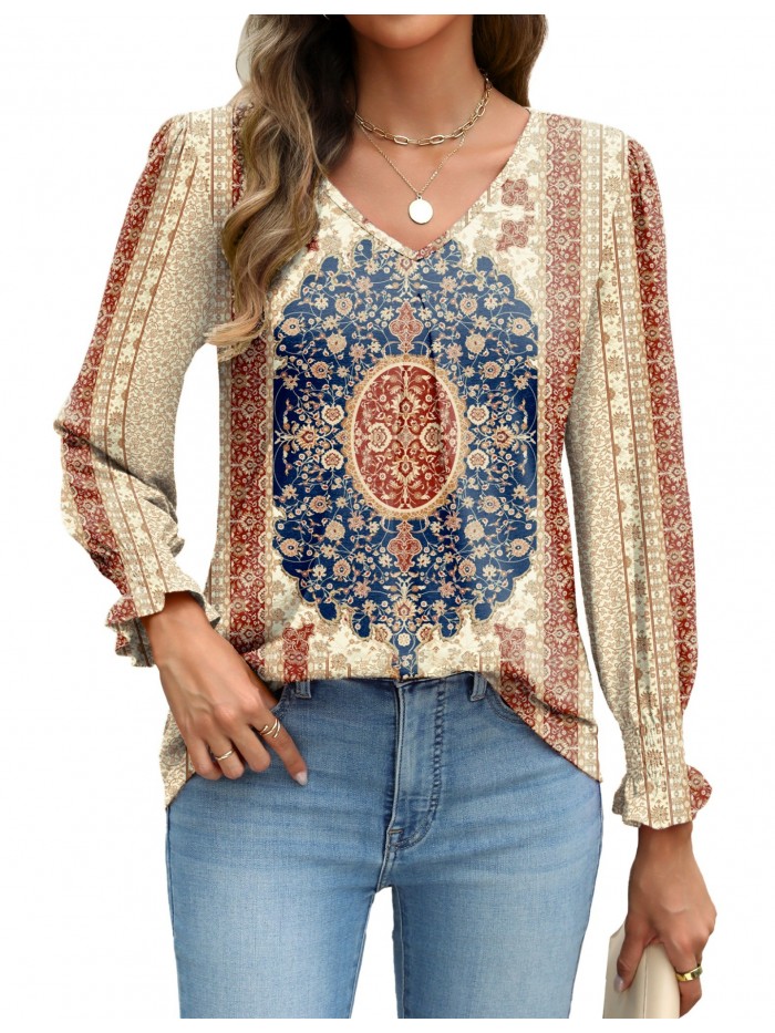 Weardear Long Sleeve Tops for Women Casual V Neck Loose Chiffon Work Blouse Smocked Tunic Shirts