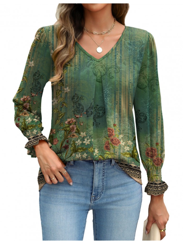 Weardear Long Sleeve Tops for Women Casual V Neck Loose Chiffon Work Blouse Smocked Tunic Shirts