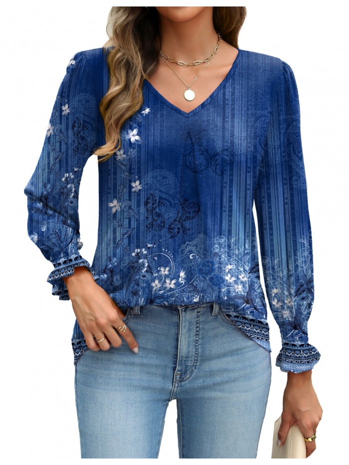 Weardear Long Sleeve Tops for Women Casual V Neck Loose Chiffon Work Blouse Smocked Tunic Shirts