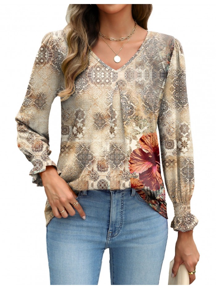 Weardear Long Sleeve Tops for Women Casual V Neck Loose Chiffon Work Blouse Smocked Tunic Shirts