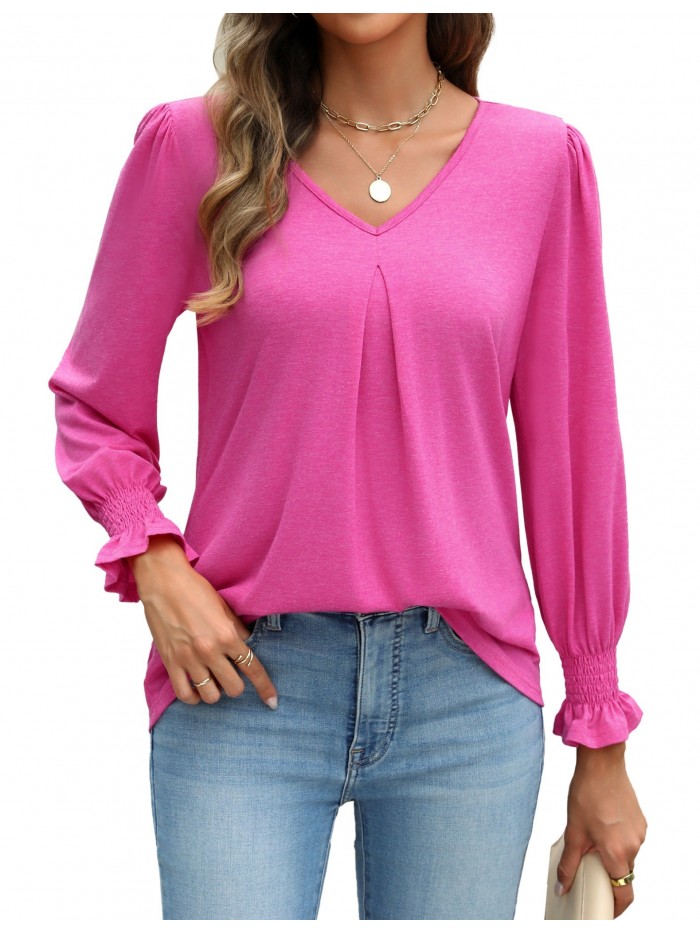 Weardear Long Sleeve Tops for Women Casual V Neck Loose Chiffon Work Blouse Smocked Tunic Shirts