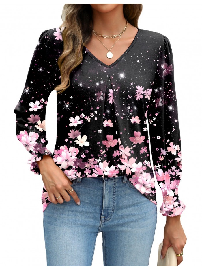 Weardear Long Sleeve Tops for Women Casual V Neck Loose Chiffon Work Blouse Smocked Tunic Shirts