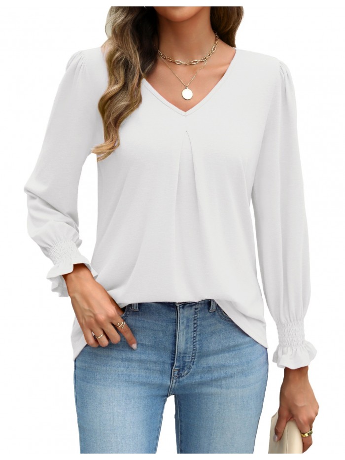 Weardear Long Sleeve Tops for Women Casual V Neck Loose Chiffon Work Blouse Smocked Tunic Shirts