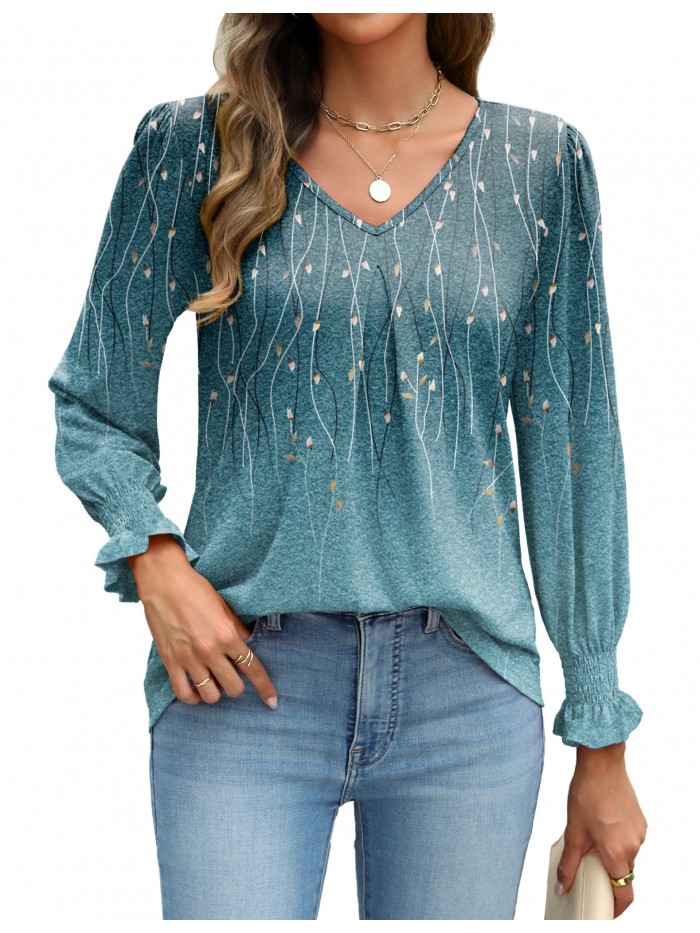 Weardear Long Sleeve Tops for Women Casual V Neck Loose Chiffon Work Blouse Smocked Tunic Shirts