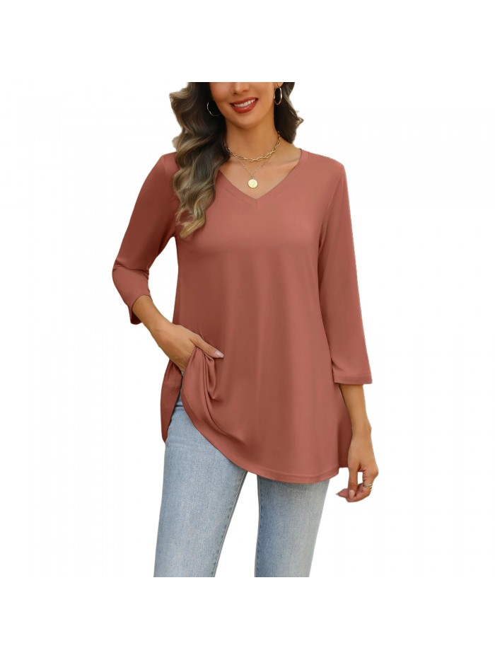 Weardear Womens V Neck 3/4 Sleeve Dressy Blouses Casual Loose Fit Tunic Tops Boho Business Blouses
