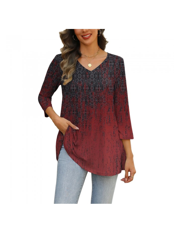 Weardear Womens V Neck 3/4 Sleeve Dressy Blouses Casual Loose Fit Tunic Tops Boho Business Blouses