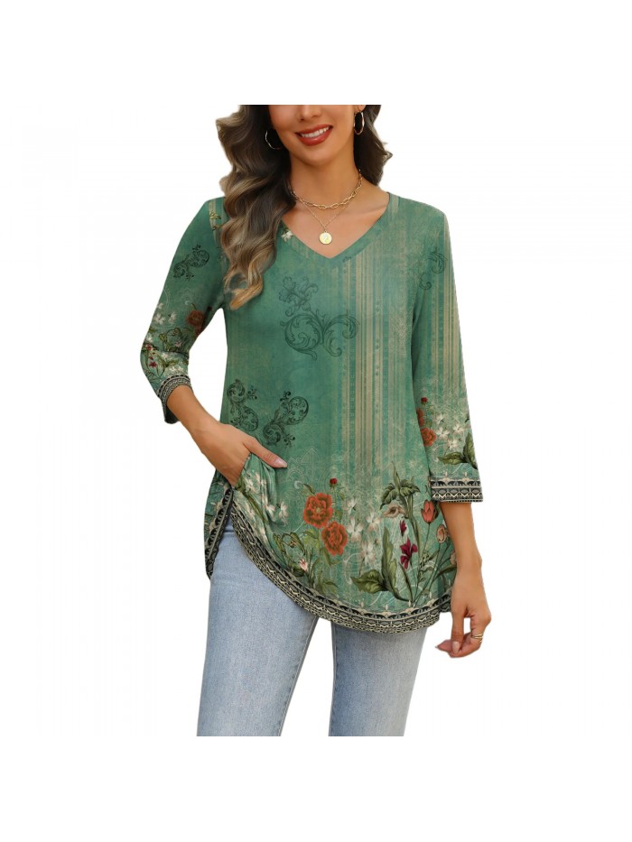 Weardear Womens V Neck 3/4 Sleeve Dressy Blouses Casual Loose Fit Tunic Tops Boho Business Blouses