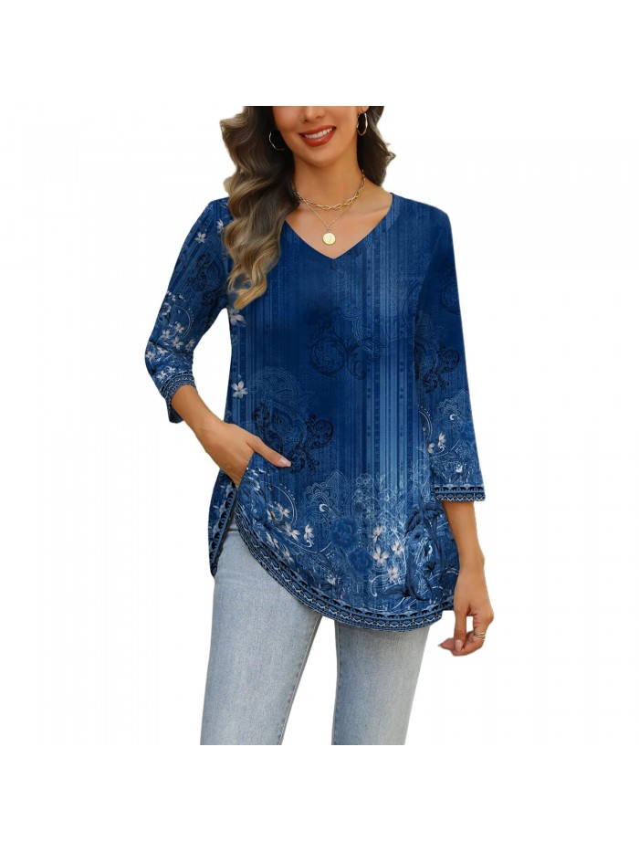 Weardear Womens V Neck 3/4 Sleeve Dressy Blouses Casual Loose Fit Tunic Tops Boho Business Blouses