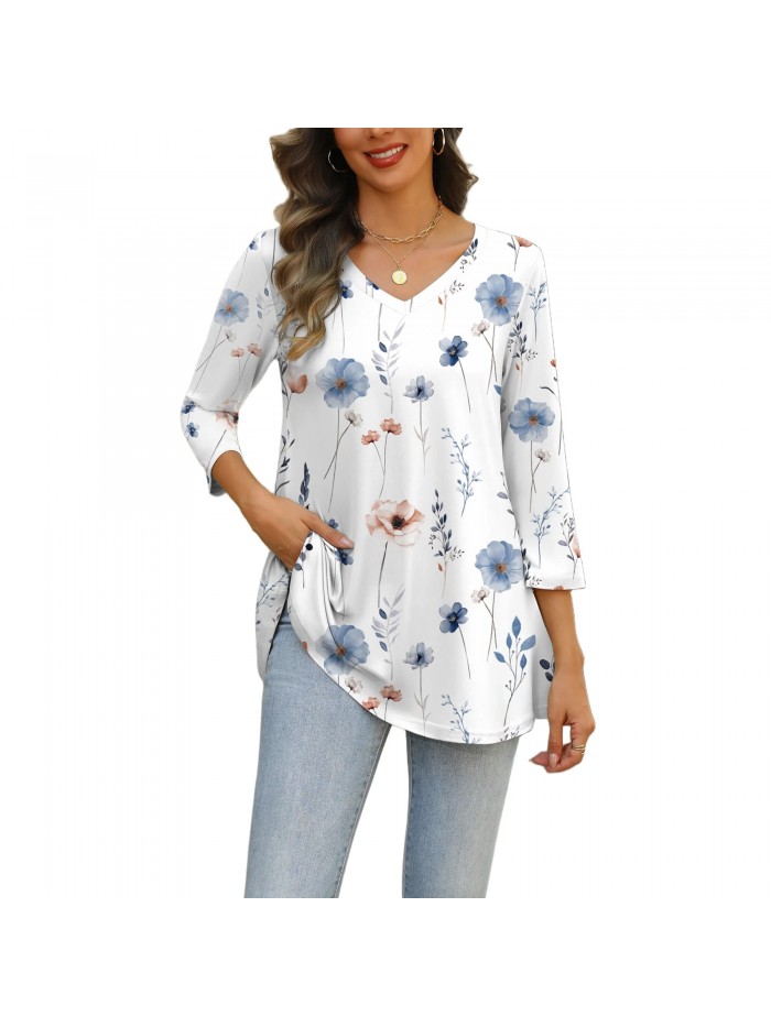 Weardear Womens V Neck 3/4 Sleeve Dressy Blouses Casual Loose Fit Tunic Tops Boho Business Blouses