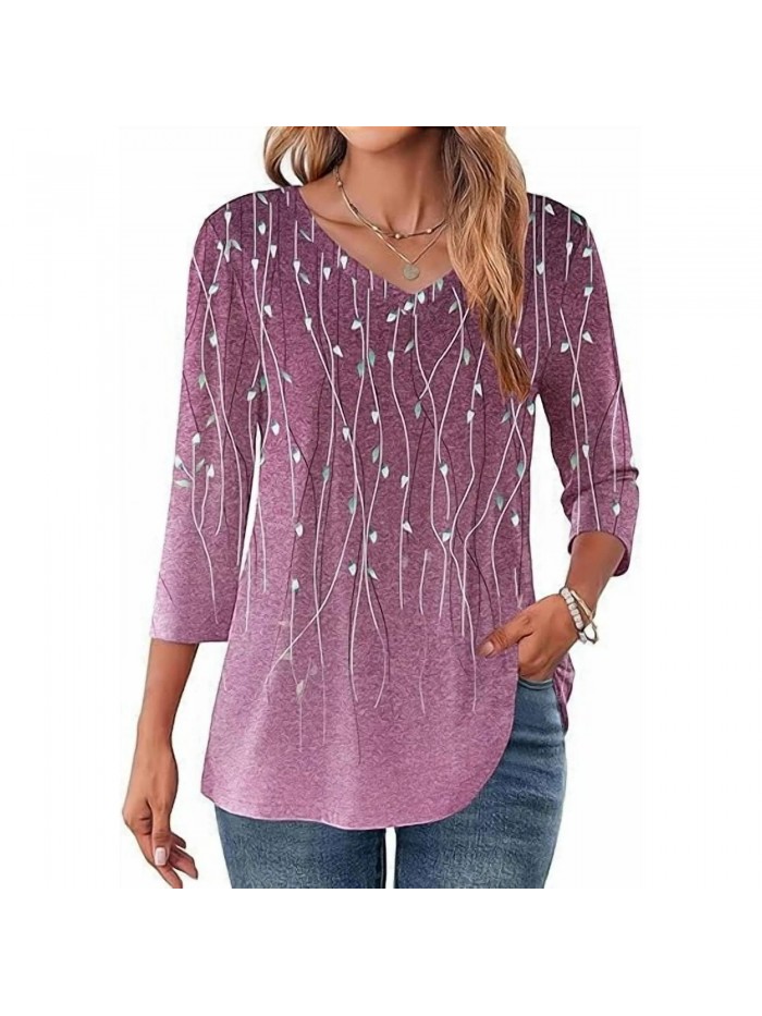 Weardear Womens V Neck 3/4 Sleeve Dressy Blouses Casual Loose Fit Tunic Tops Boho Business Blouses