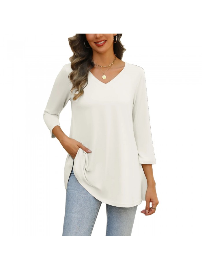 Weardear Womens V Neck 3/4 Sleeve Dressy Blouses Casual Loose Fit Tunic Tops Boho Business Blouses