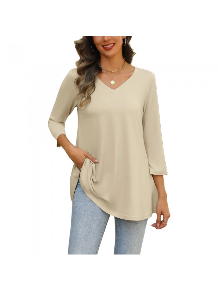 Weardear Womens V Neck 3/4 Sleeve Dressy Blouses Casual Loose Fit Tunic Tops Boho Business Blouses
