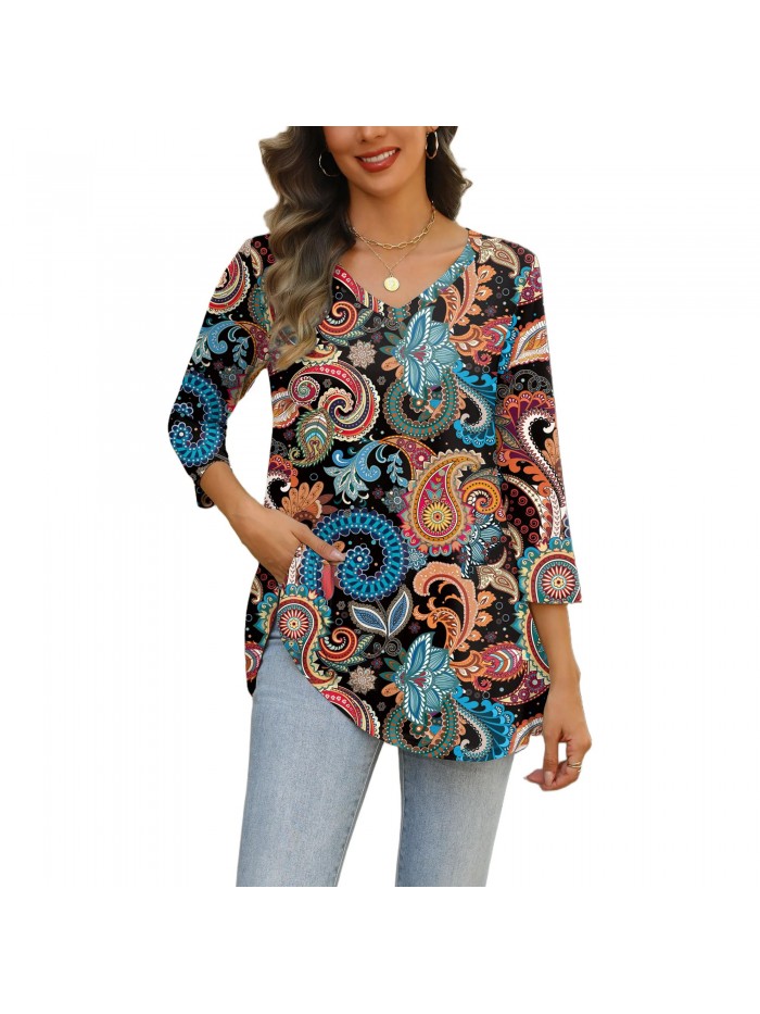 Weardear Womens V Neck 3/4 Sleeve Dressy Blouses Casual Loose Fit Tunic Tops Boho Business Blouses