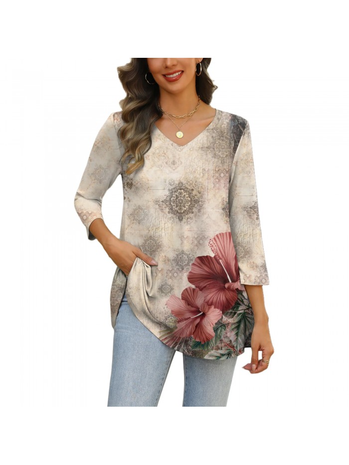 Weardear Womens V Neck 3/4 Sleeve Dressy Blouses Casual Loose Fit Tunic Tops Boho Business Blouses