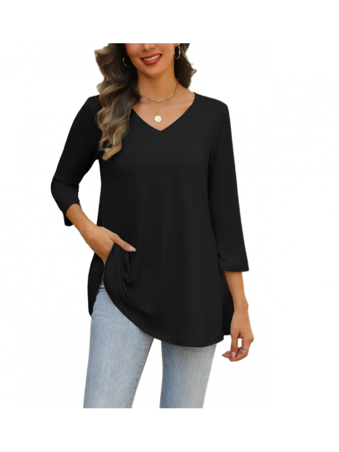 Weardear Womens V Neck 3/4 Sleeve Dressy Blouses Casual Loose Fit Tunic Tops Boho Business Blouses