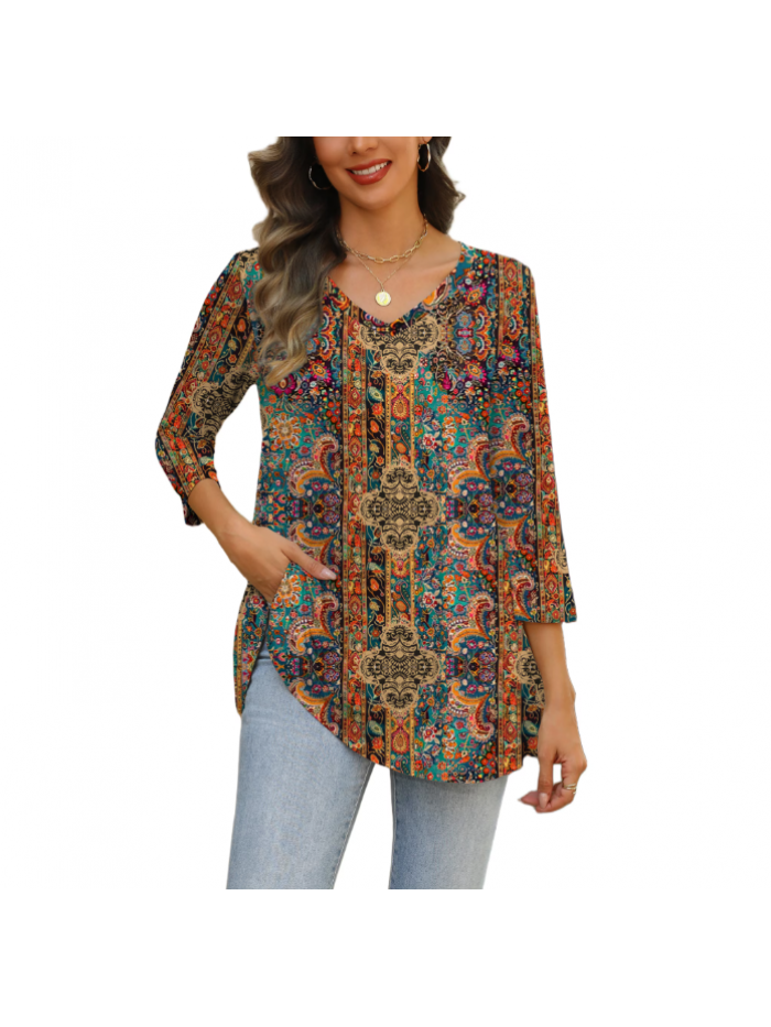 Weardear Womens V Neck 3/4 Sleeve Dressy Blouses Casual Loose Fit Tunic Tops Boho Business Blouses