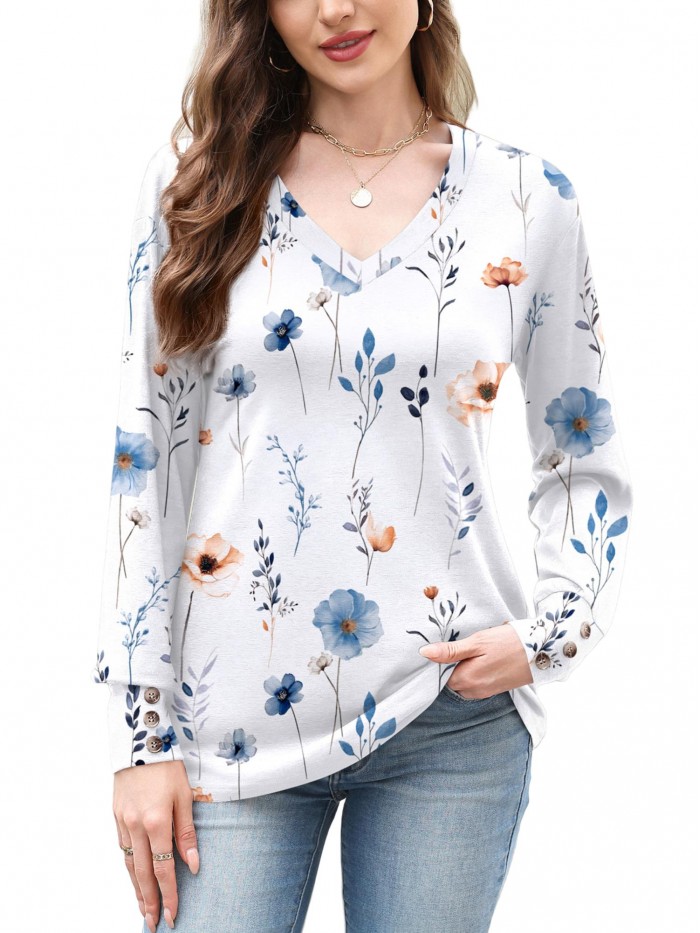 Weardear Women Casual Dressy Tops V Neck Long Sleeve Blouse Loose Fit Trendy Tunic Clothes