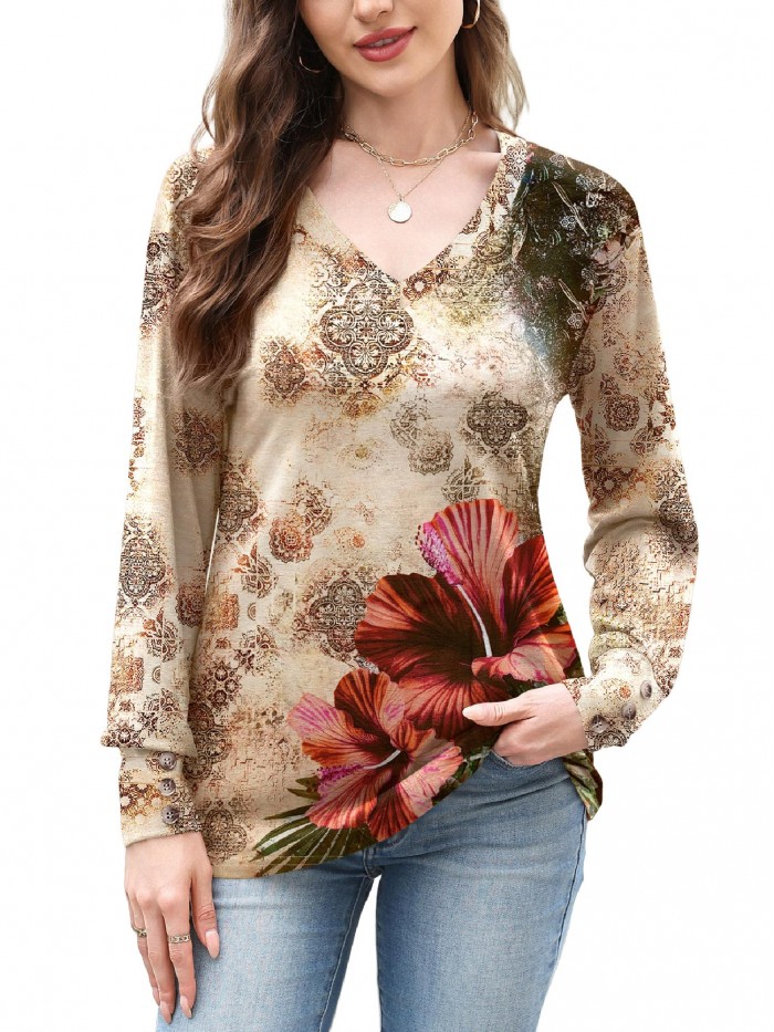 Weardear Women Casual Dressy Tops V Neck Long Sleeve Blouse Loose Fit Trendy Tunic Clothes