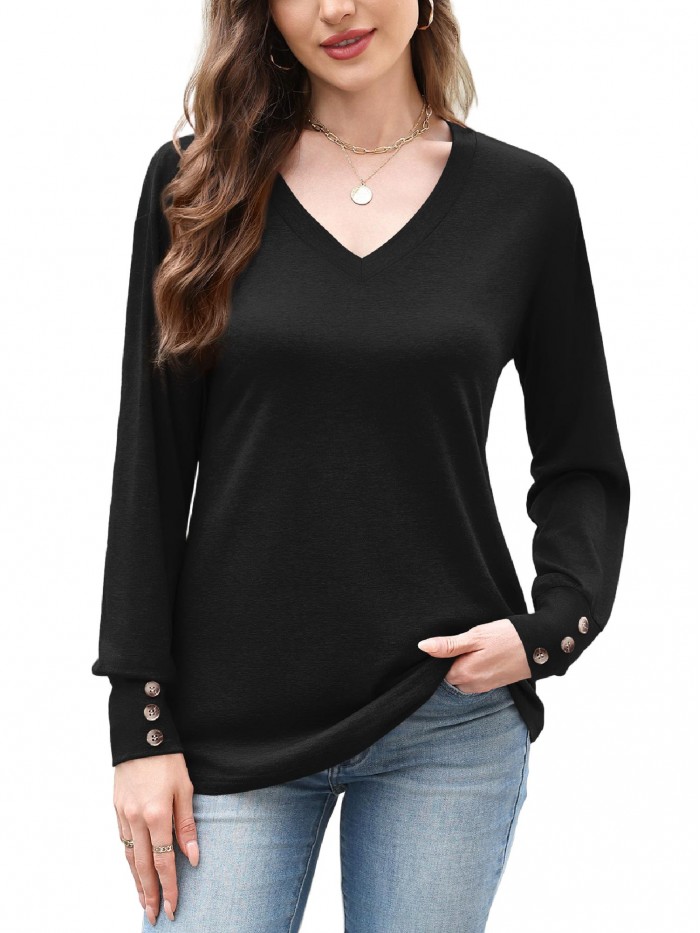 Weardear Women Casual Dressy Tops V Neck Long Sleeve Blouse Loose Fit Trendy Tunic Clothes