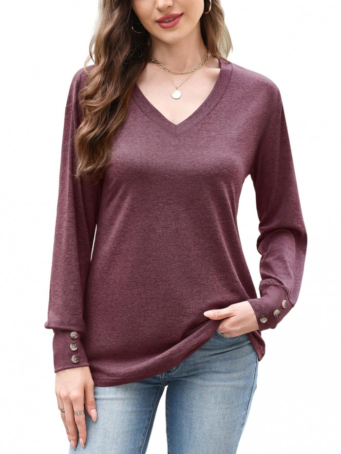 Weardear Women Casual Dressy Tops V Neck Long Sleeve Blouse Loose Fit Trendy Tunic Clothes