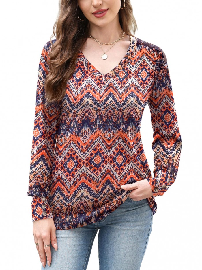 Weardear Women Casual Dressy Tops V Neck Long Sleeve Blouse Loose Fit Trendy Tunic Clothes