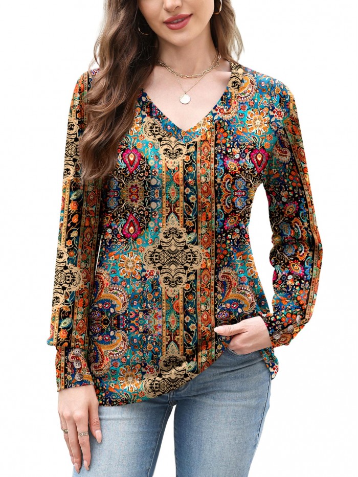 Weardear Women Casual Dressy Tops V Neck Long Sleeve Blouse Loose Fit Trendy Tunic Clothes