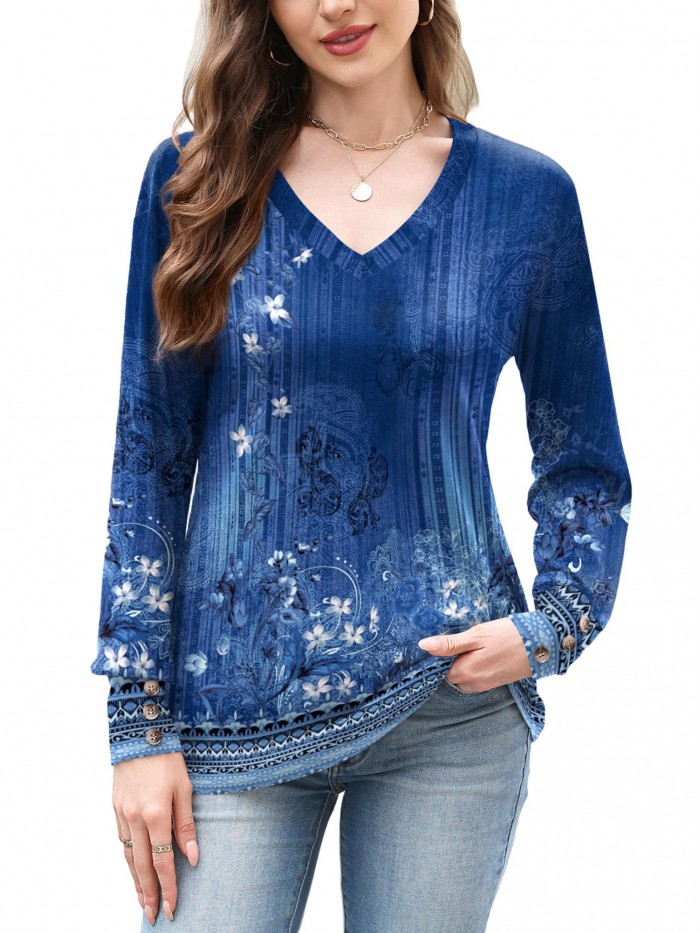 Weardear Women Casual Dressy Tops V Neck Long Sleeve Blouse Loose Fit Trendy Tunic Clothes