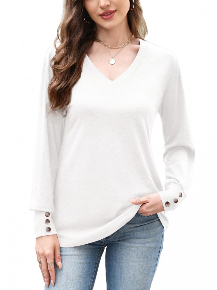 Weardear Women Casual Dressy Tops V Neck Long Sleeve Blouse Loose Fit Trendy Tunic Clothes