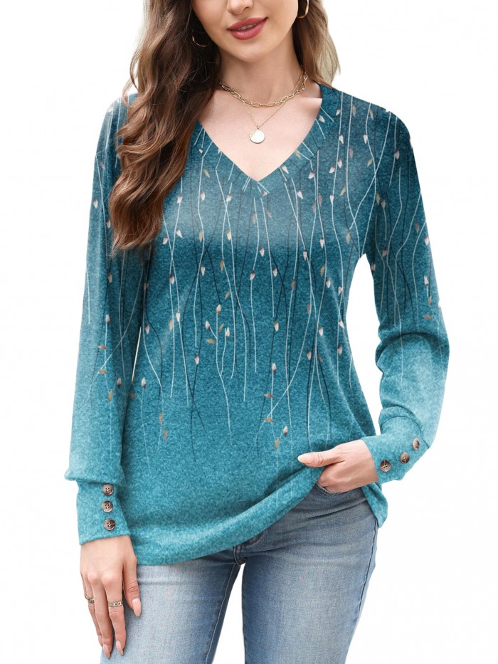 Weardear Women Casual Dressy Tops V Neck Long Sleeve Blouse Loose Fit Trendy Tunic Clothes