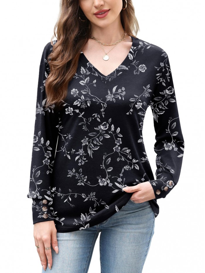 Weardear Women Casual Dressy Tops V Neck Long Sleeve Blouse Loose Fit Trendy Tunic Clothes