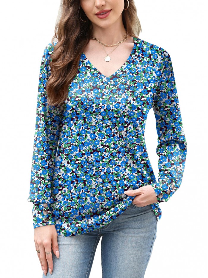 Weardear Women Casual Dressy Tops V Neck Long Sleeve Blouse Loose Fit Trendy Tunic Clothes