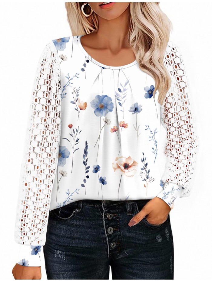 Weardear Women's Lace Long Sleeve Tops Crew Neck Pleated Tunic Top Business Work Dressy Blouses