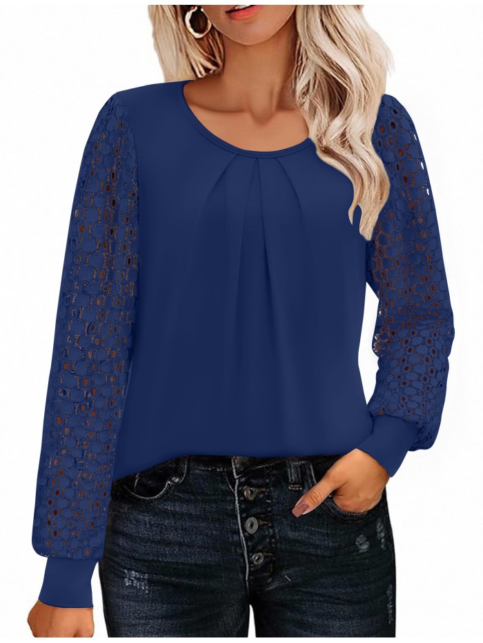 Weardear Women's Lace Long Sleeve Tops Crew Neck Pleated Tunic Top Business Work Dressy Blouses