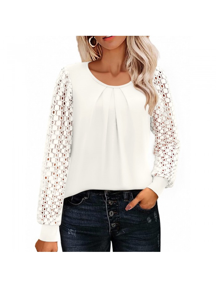 Weardear Women's Lace Long Sleeve Tops Crew Neck Pleated Tunic Top Business Work Dressy Blouses