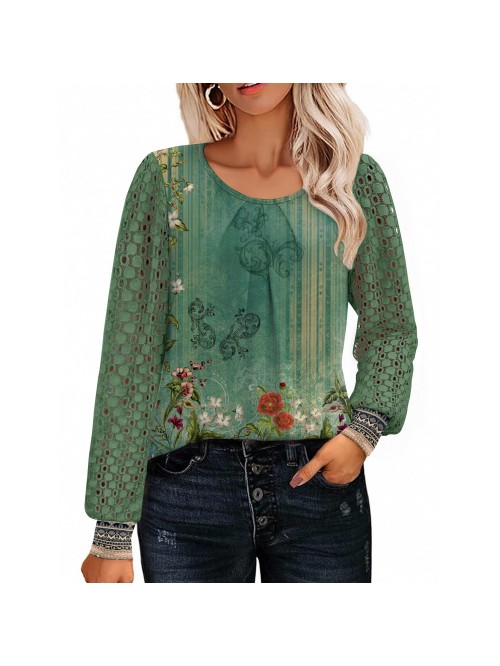 Weardear Women's Lace Long Sleeve Tops Crew Neck P...