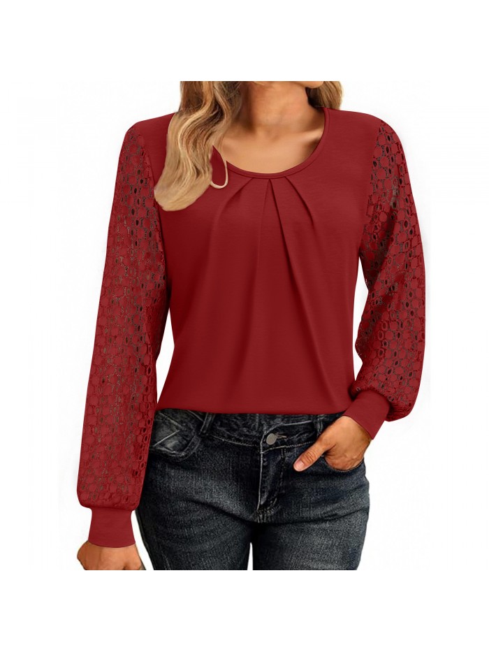 Weardear Women's Lace Long Sleeve Tops Crew Neck Pleated Tunic Top Business Work Dressy Blouses