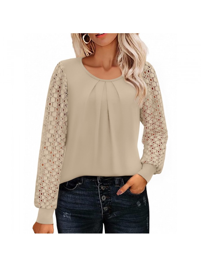 Weardear Women's Lace Long Sleeve Tops Crew Neck Pleated Tunic Top Business Work Dressy Blouses