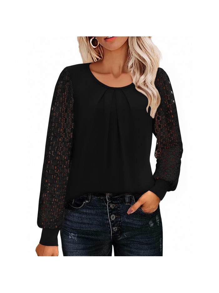 Weardear Women's Lace Long Sleeve Tops Crew Neck Pleated Tunic Top Business Work Dressy Blouses