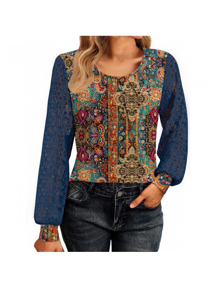 Weardear Women's Lace Long Sleeve Tops Crew Neck Pleated Tunic Top Business Work Dressy Blouses