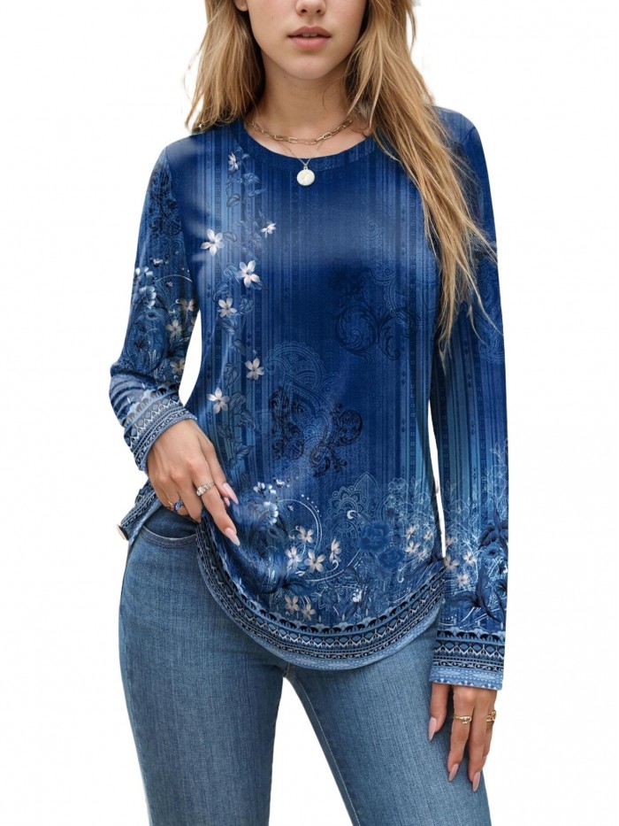 Weardear Women's Long Sleeve Crew Neck Tunic Tops Pleated Fall Blouse Casual Dressy Shirts S-XXL