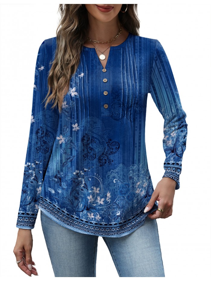 Weardear Women V Neck Long Sleeve Shirt Button Casual Blouses Tunic Henley T Shirts