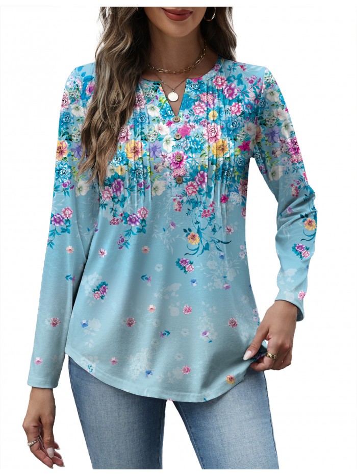 Weardear Women V Neck Long Sleeve Shirt Button Casual Blouses Tunic Henley T Shirts