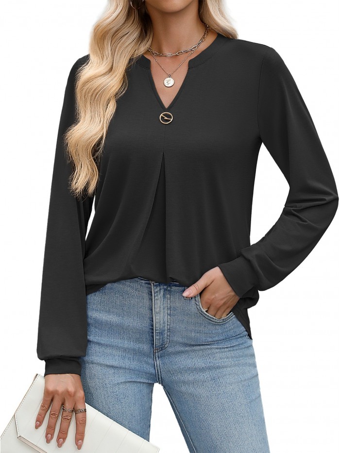 Weardear Long Sleeve V Neck Tops Fall Pleated Tunic Shirts Casual Dressy Loose Business Work Blouses, S-XXL