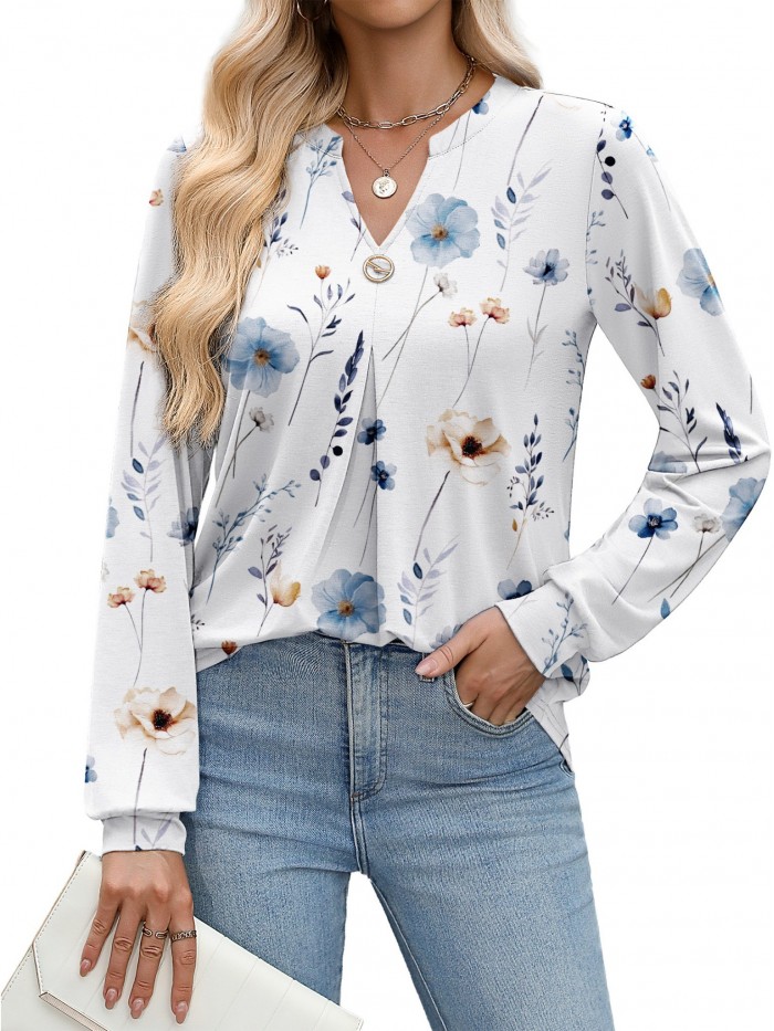 Weardear Long Sleeve V Neck Tops Fall Pleated Tunic Shirts Casual Dressy Loose Business Work Blouses, S-XXL