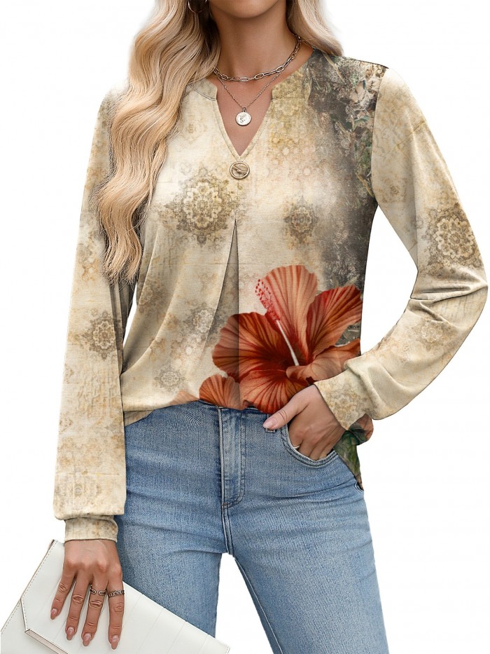 Weardear Long Sleeve V Neck Tops Fall Pleated Tunic Shirts Casual Dressy Loose Business Work Blouses, S-XXL