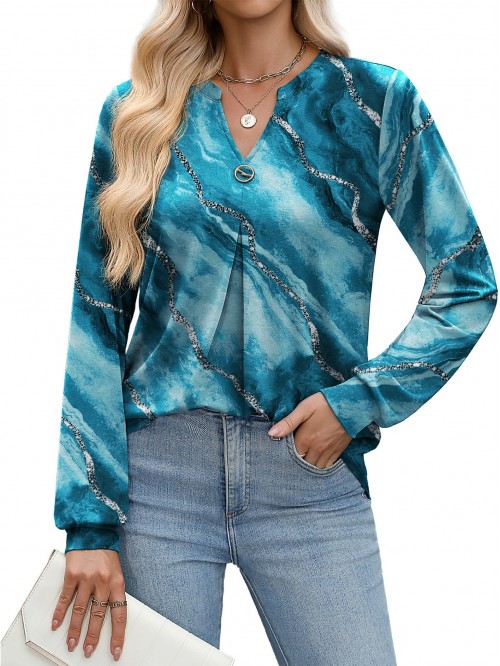 Weardear Long Sleeve V Neck Tops Fall Pleated Tuni...