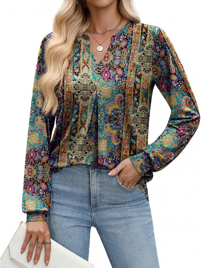 Weardear Long Sleeve V Neck Tops Fall Pleated Tunic Shirts Casual Dressy Loose Business Work Blouses, S-XXL