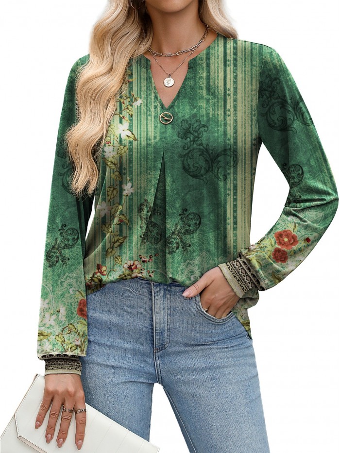 Weardear Long Sleeve V Neck Tops Fall Pleated Tunic Shirts Casual Dressy Loose Business Work Blouses, S-XXL